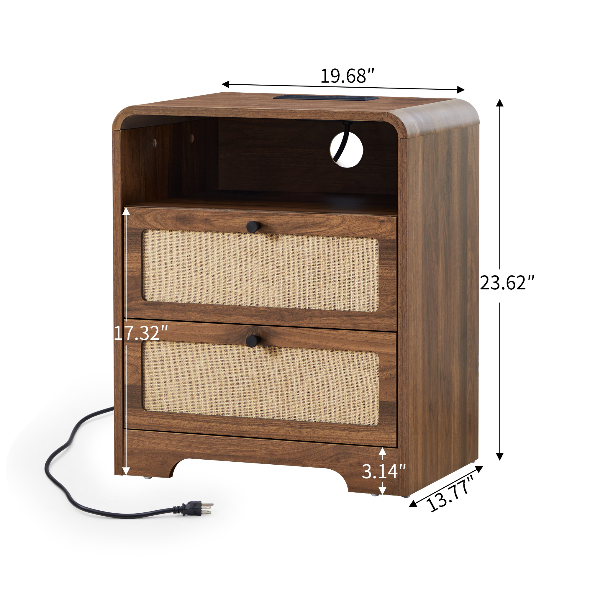 YOCWO Farmhouse Nightstand with Charging Station and Drawers for Bedroom, Linen Bedside Table with Drawers, Walnut