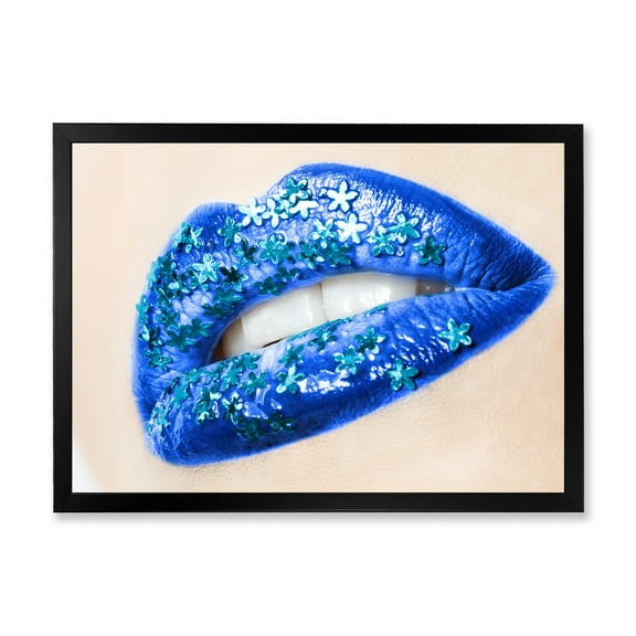 Designart 'Beautiful Woman Lips Blue With Flowers' Modern Framed Art Print