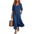 thumbnail image 2 of MaFYtyTPR Women's Collared Maxi Dress Button Down 3/4 Sleeve Relaxed Fit Shirt Dress with Pockets for Daily Wear A-Navy L, 2 of 6