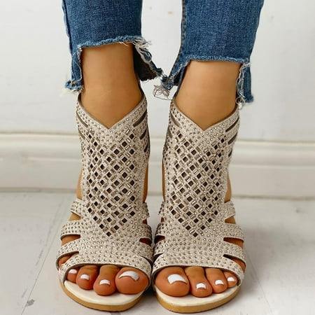 

CAICJ98 Wedge Sandals for Women Women s Strappy Ankle Wrap Buckle Fashion Flat Sandals Beige