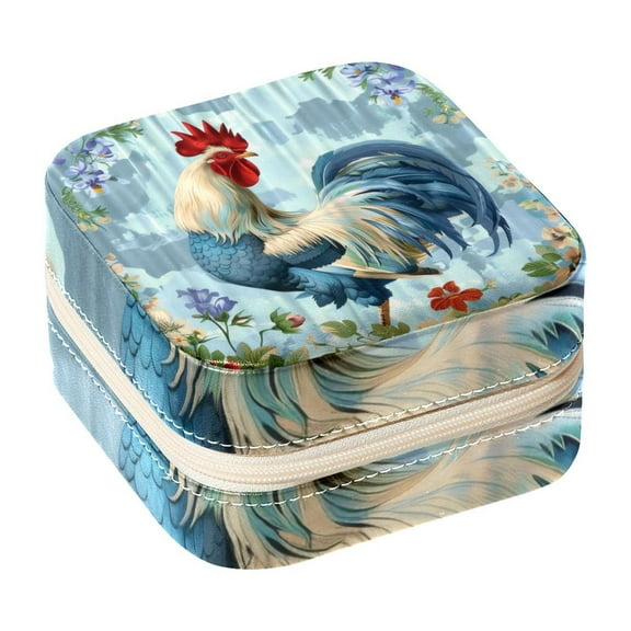 PhooArto Small Jewellery Box, Rooster Flower Blue Background Portable Travel Mini Jewelry Case for Women Leather Ring Organizer
