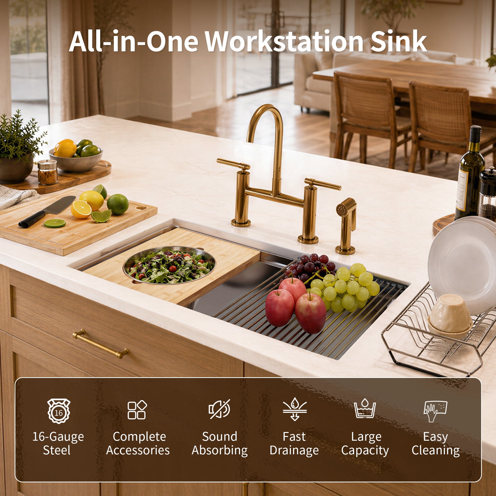 DeerValley DV-1K0555 33-Inch Undermount Workstation Kitchen Sink, 16 Gauge Stainless Steel Single Bowl Kitchen Sink with Cutting Board, Colander & Basket Strainer for Kitchen Remodel