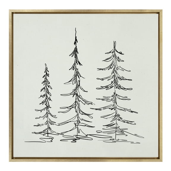 Kate and Laurel Sylvie Minimalist Evergreen Trees Sketch Framed Linen Textured Canvas Wall Art by The Creative Bunch Studio, 30x30 Gold, Chic Modern Art for Wall