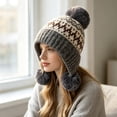 thumbnail image 3 of SYMOID Womens Fair Isle Knit Beanie with Pom Poms - Acrylic Earflap Winter Hats,Size Free Size, 3 of 5