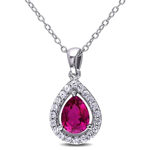 Everly Women's Created Ruby and Created White Sapphire Teardrop Halo Pendant with Chain