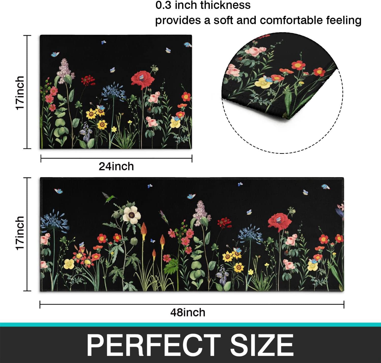 Flower Kitchen Rugs Summer Floral Kitchen Rugs and Mats Summer Kitchen Floor Mat Spring Kitchen Rugs Floral Rug for Kitchen Decorative Doormat Runner Rug for Laundry, Bedroom, Bathroom, Front Door