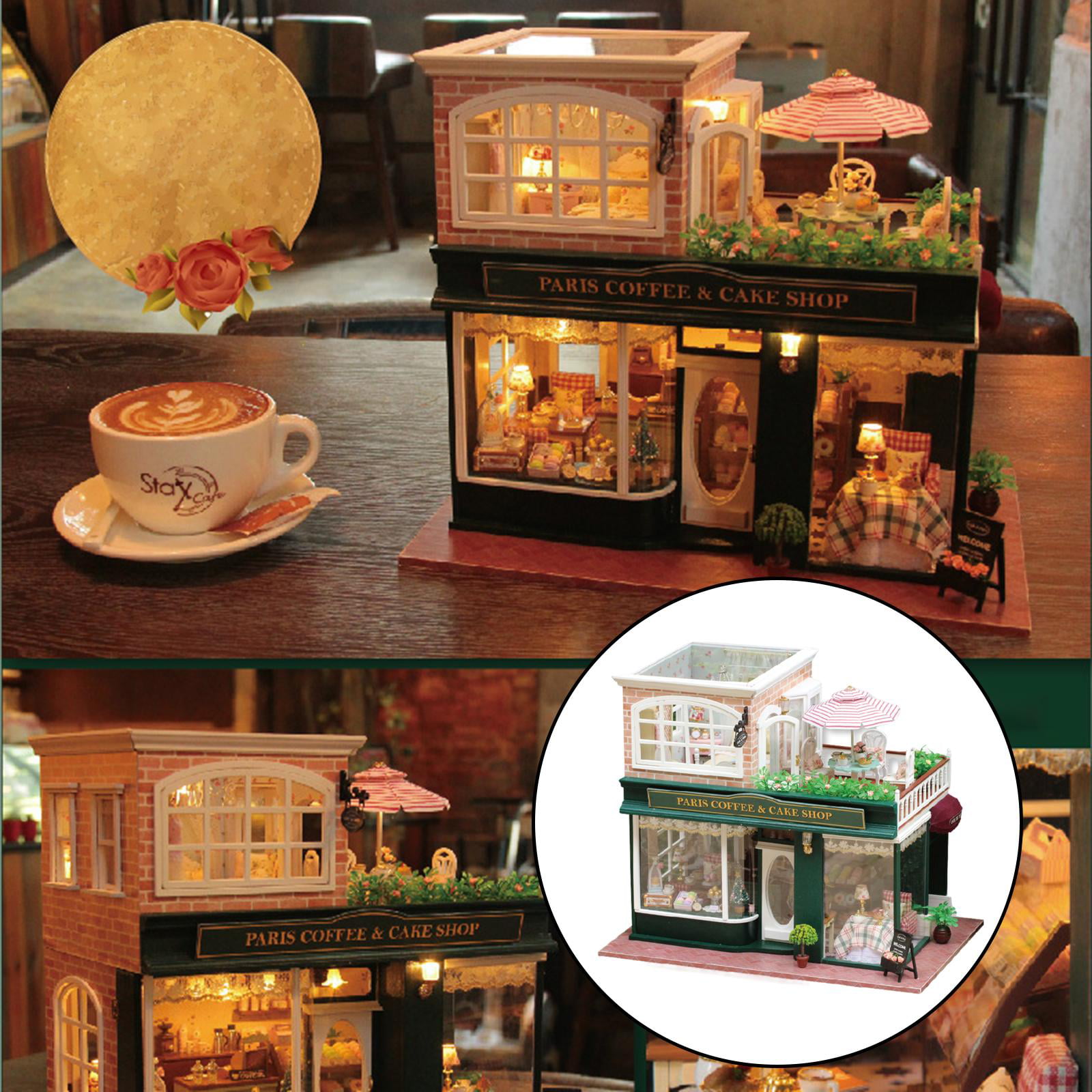 Miniature Dollhouse Furniture Wood Coffee & Cake Shop Light & Music Craft 