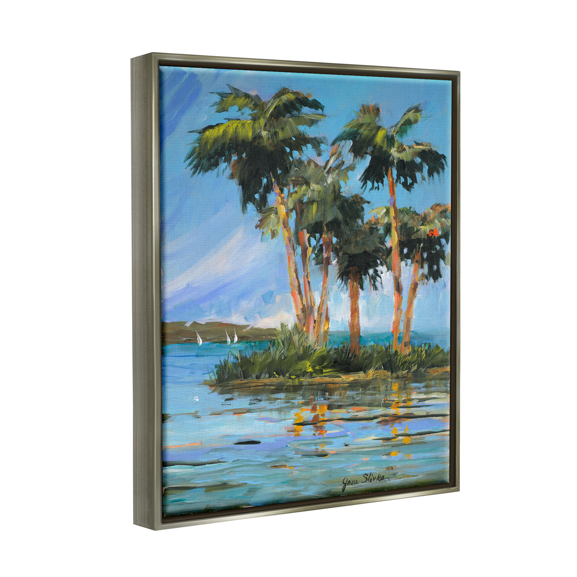 Stupell Industries Palm Island Painting Nature Painting Gray Floater Framed Art Print Wall Art, 25 x 31