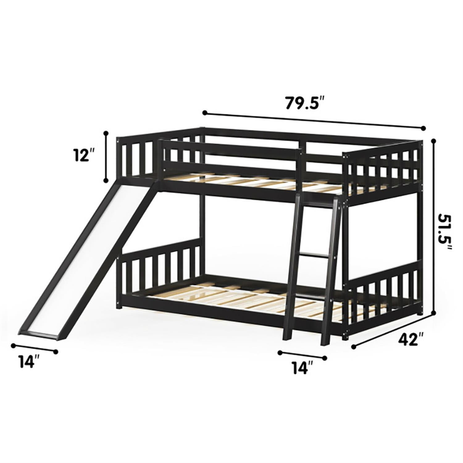 Demi Bonn Twin Over Twin Bunk Bed with High Guardrails and Slide Ladder, Twin Bunk Solid Wood Low Beds, Bed Frame, Brown