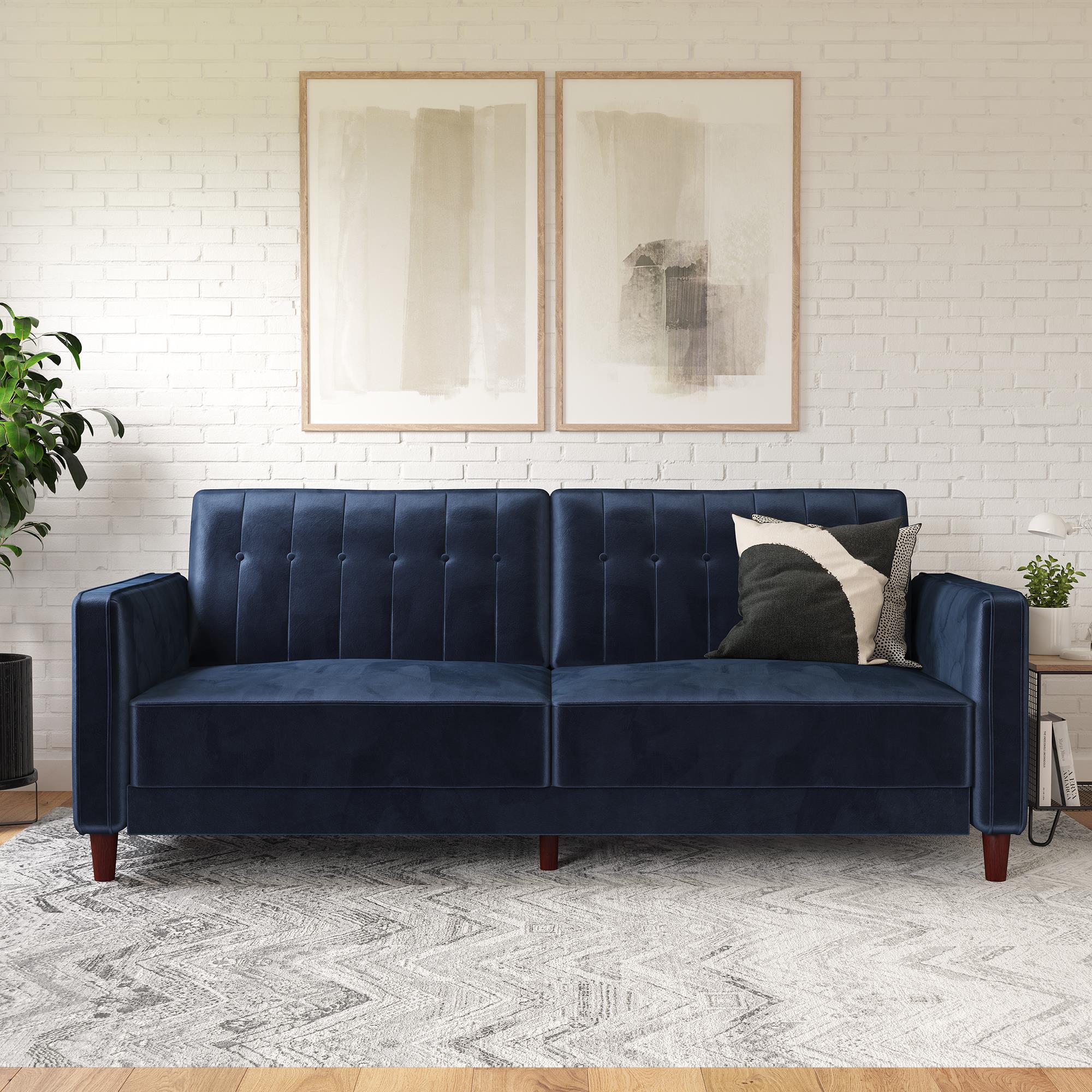 DHP Vintage Apartment Sofa with Wooden Arms, Blue Velvet Pin Tufted ...