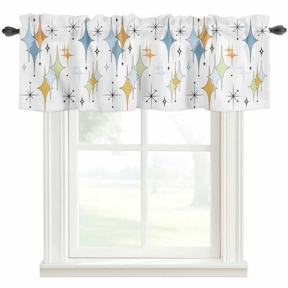 Blue Yellow Diamond Farmhouse Short Window Curtain Valances, Modern Geometric Middle Century Rod Pocket Kitchen Valances for Living Room Bedroom Bathroom Cafe 42" x 12"