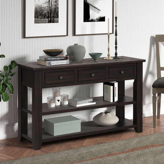 Solid Pine Wood Console Table with 3 Drawers and 2 Shelves, 48" Modern Entryway Sofa Table for Living Room Distressed Black