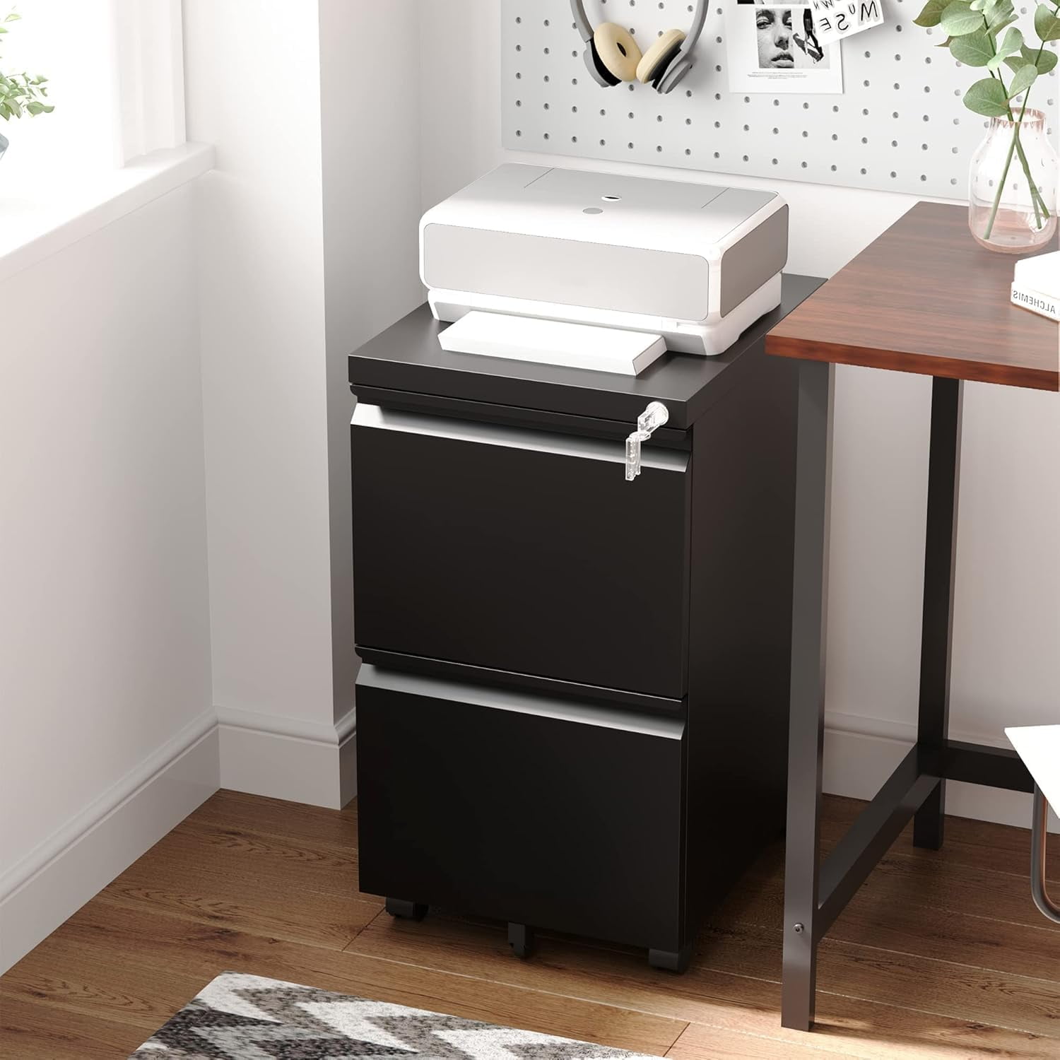 2 Drawer Mobile File Cabinet with Lock, Under Desk Metal Rolling Filing Cabinets for Home Office Organizer Letters/Legal/A4 (Black- Requires Installation)