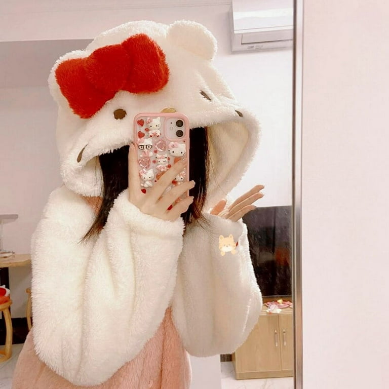 Sanrio Kawaii Winter Hello Kitty Robes Cartoon Ins Coral Fleece Pajamas  Thick Warm Cute Pijamas Women Home Wear Pink Nightgowns