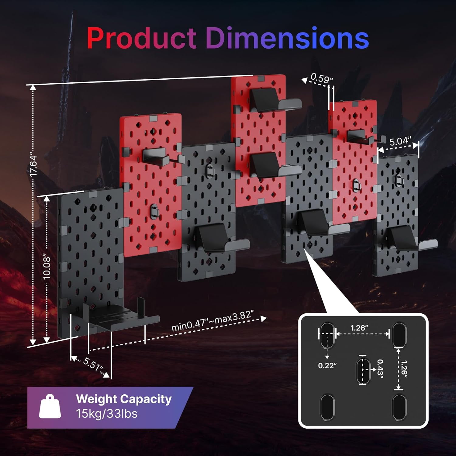 PEGZONE Controller and Headphone Holder Wall Mount, Modular Gaming Pegboard with Accessories, Controller Stand for Xbox PS5 PS4 Switch, Video Game Storage, Disc Shelf Organizer, 7pcs Pegboard, Red