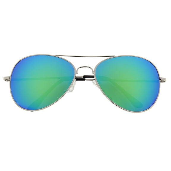 grinderPUNCH Aviator Colored Mirrored Lens Adult Sunglasses for Men Women -Silver | Blue-Green