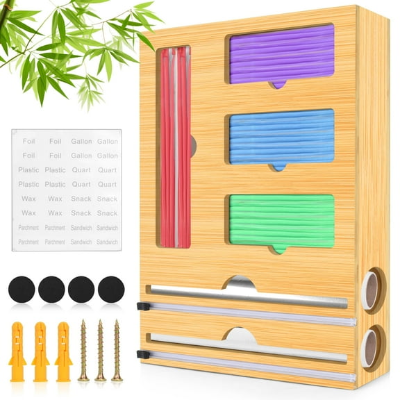 Bag Storage Organizer for Kitchen Drawer, 6 in 1 Foil and Plastic Wrap Dispenser with Cutter, Bamboo Ziplock Bag Organizer, Plastic Bag Food Organizer Compatible for Gallon, Quart, Sandwich, Snack