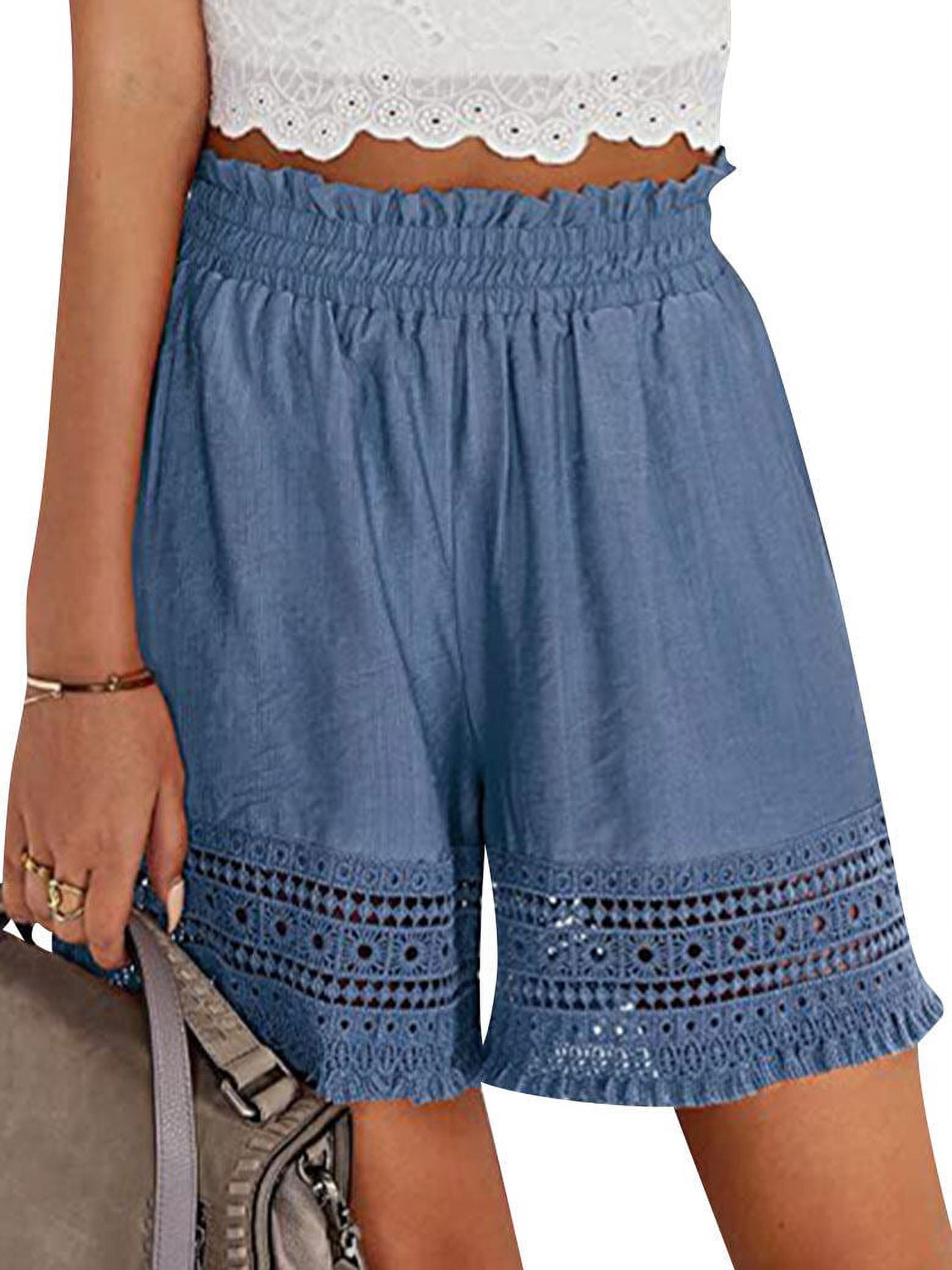 STARVNC Women Hollow Out Ruffle High Waisted Smocked Pocket Shorts