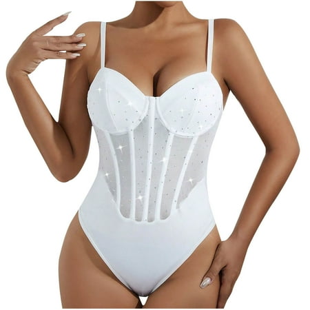 TOPUUTP Women s Corset Bodysuit Mesh Sheer Sleeveless Cami Jumpsuit Shirts Tops