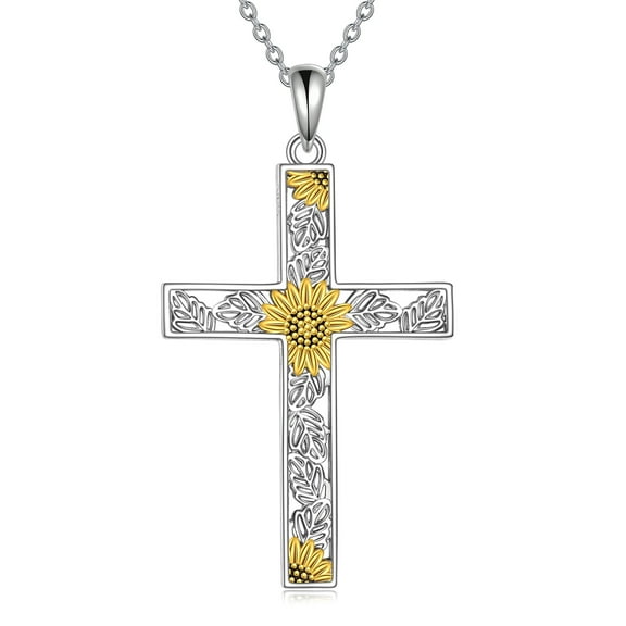 Sunflower Flower Cross Necklace for Women Sterling Silver Religious Jewelry Gifts for Women Mom Wife