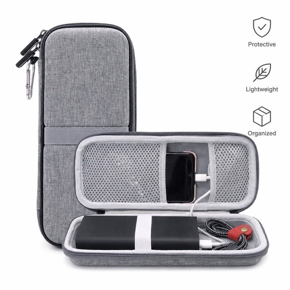 Hard Travel Carrying Case Compatible with Power Bank, Charger, Cables, Electronic Accessories, Shockproof Protective Storage Bag , Mesh Pocket for Travel and Outdoor Use, Light Gray