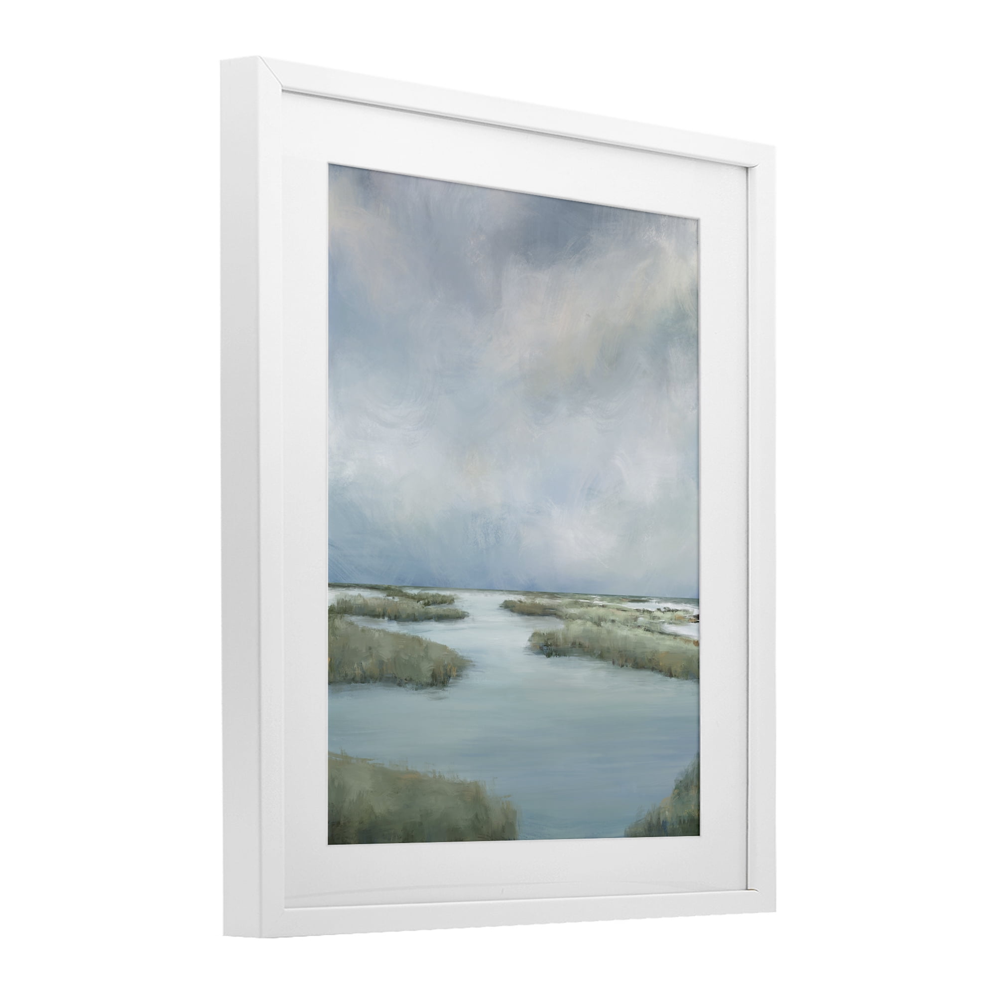Hazy Marsh Land View White Framed Print Under Glass, design by Leah Noel Art