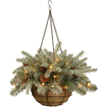 National Tree 20" "Feel Real" Frosted Arctic Spruce Hanging Basket with Cones and 35 Warm White Battery Operated LED Lights with Timer
