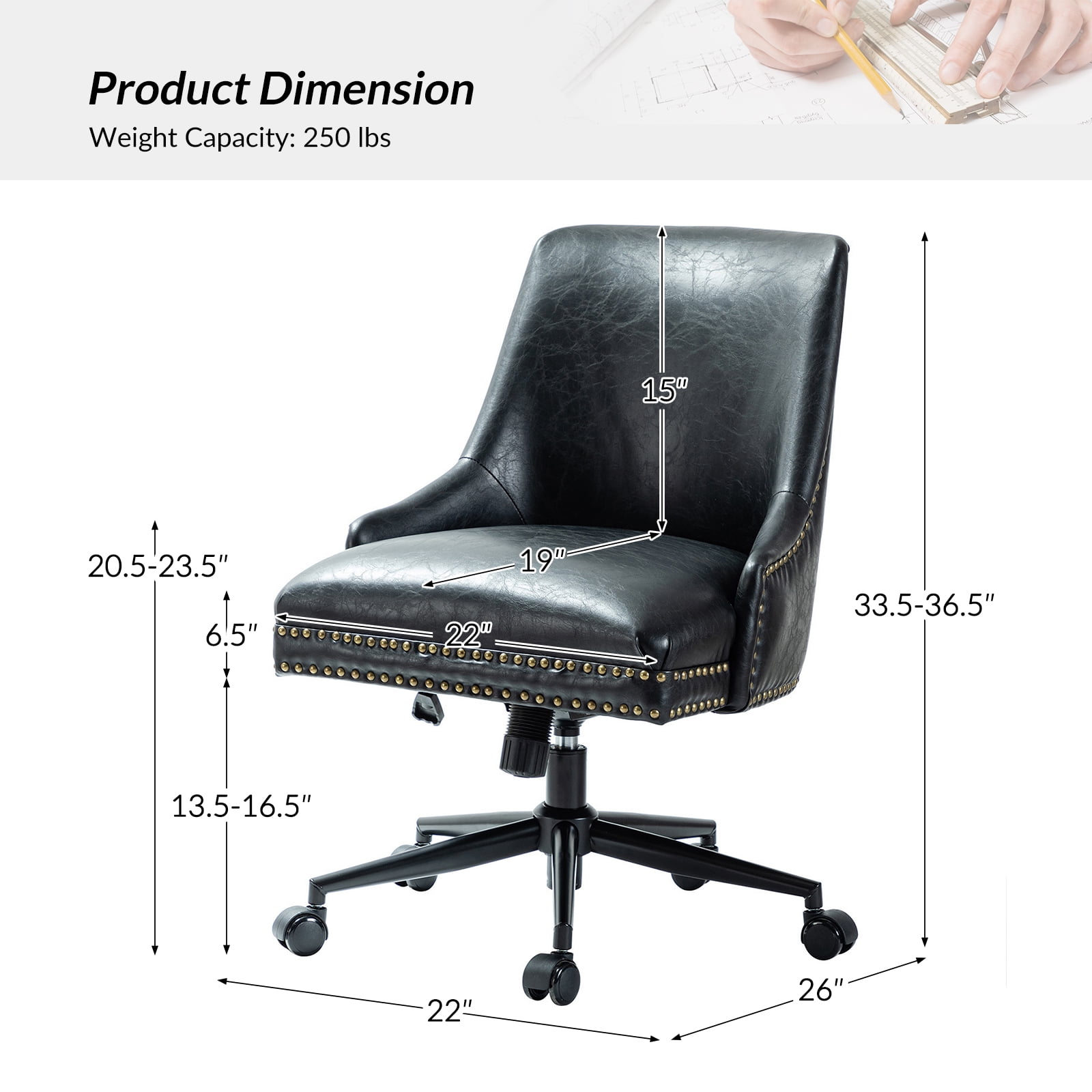 Vegan Leather Task Chair Swivel Home Office Chair Height Adjustable Mid-back Upholstered Nailhead Trim Bedroom Black