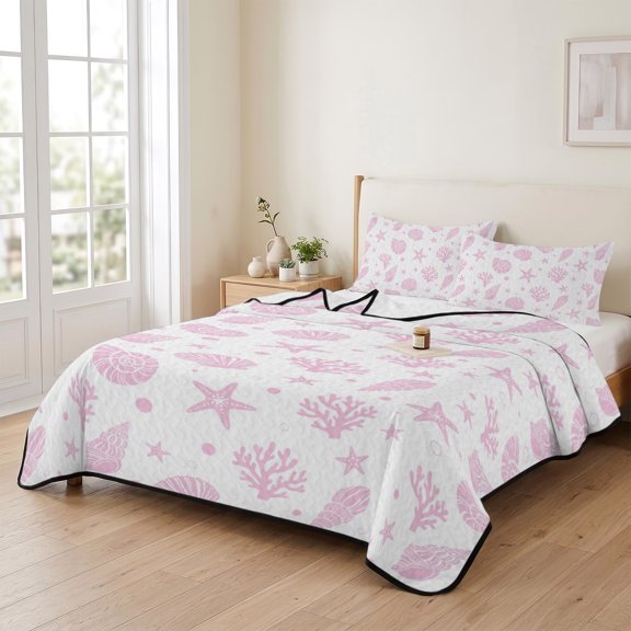 Pink Ocean Shell Conch Coral Starfish 3 Pieces Quilt Set,1 Quilt with 2 Shams,Summer Marine Theme Bedspread Soft Lightweight Bedding Coverlet Comforter Set for All Season 90"x96"
