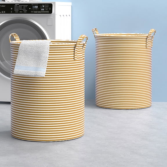 Large Laundry Basket – 17 Inch Yellow Striped Foldable Hamper with Handles for Clothes & Towels