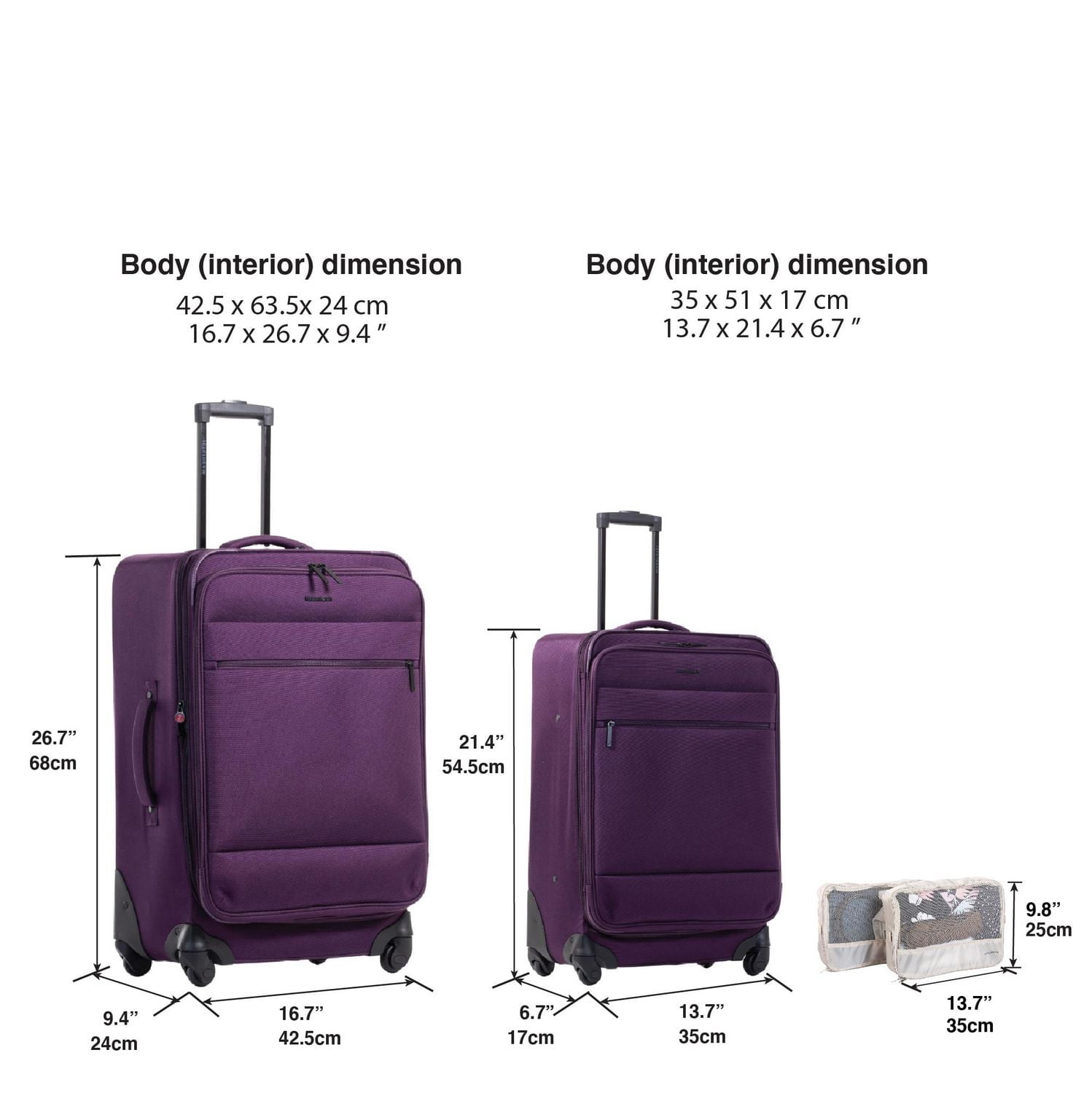 Ensemble de valises souples de 4 pièces Jetstream: Duo de bagages 20" et 25" avec 2 cubes de rangement