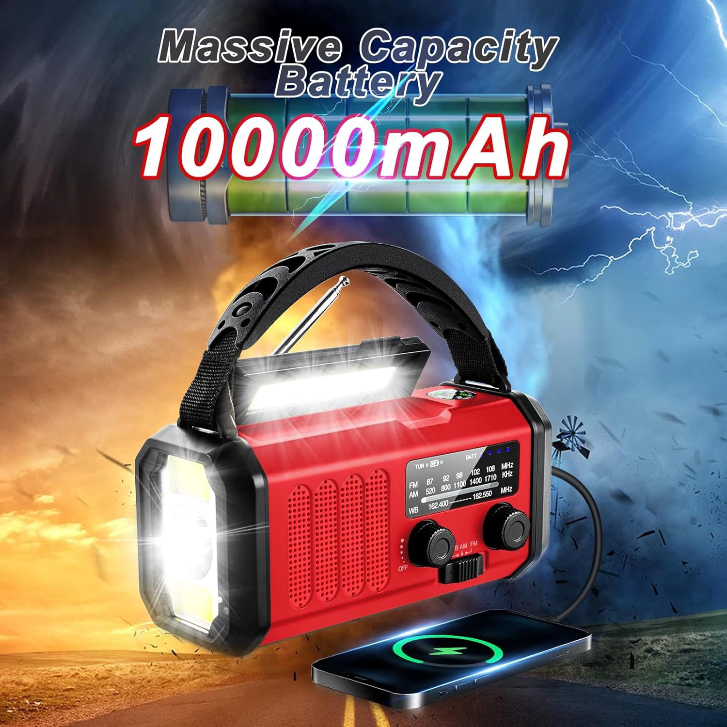 Hand Crank Emergency Radio,  Weather Radio with  Solar Radio,10000mAh Rechargeable Battery Powered, USB-C Charger, Flashlight, SOS Alarm, for Storm, Hurricanes Outdoor Survival Emergencies