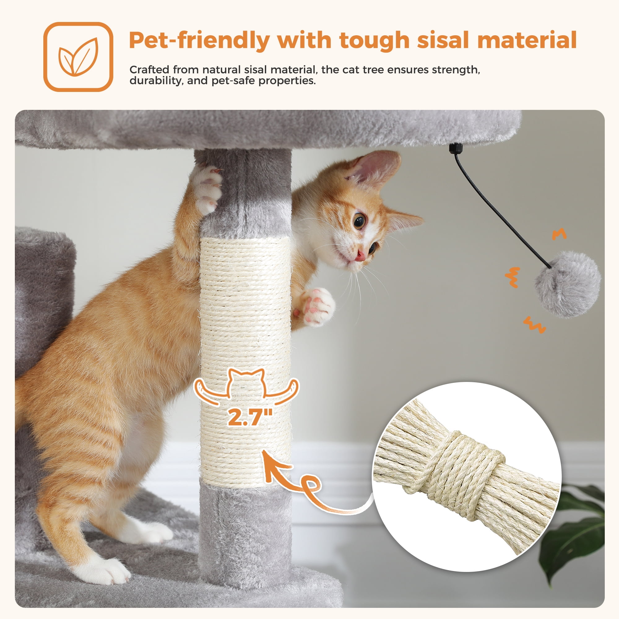 Pefilos 70" Large Cat Tree for Indoor Cats, Multi-Level Cat Tower Cat Scratching Post with 2 Perches, 2 Condos, Hammock and 2 Pompoms, Gray