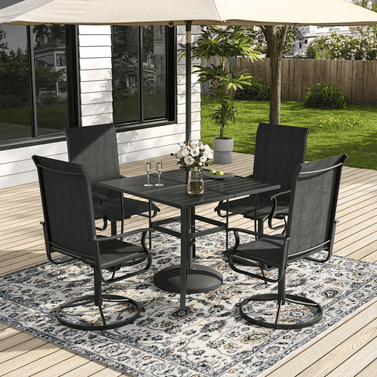 36x36 patio table and umbrella and 4 chairs Outsunny 6 Piece Outdoor Dining Set for with Black/Coffee preventing pooling and extending the tables lifespan Elposun Patio Outdoor Dining Table