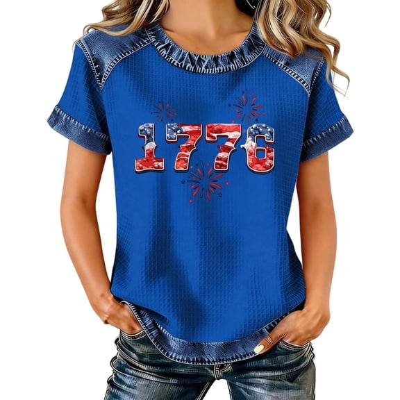 CIENVNSTG 2026 USA 250th Anniversary Shirt Women 1776 Flag Tee Independence Day Denim Patchwork Graphic Summer Shirt Blue XL