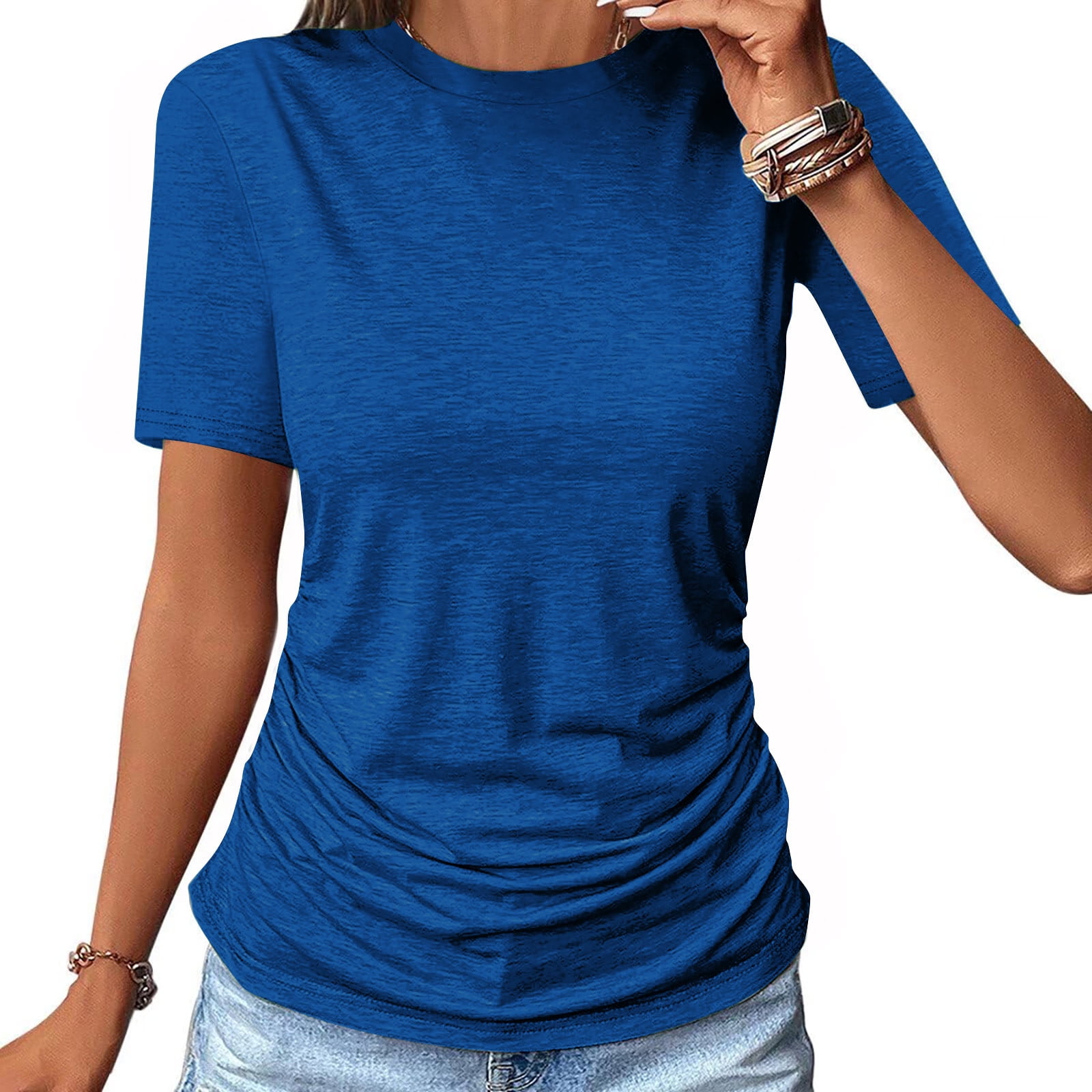 Timegard Tops for Women Crew Neck Side Ruched Short Sleeve Comfy Casual Walk Shirts Top Blouse Basic Tee