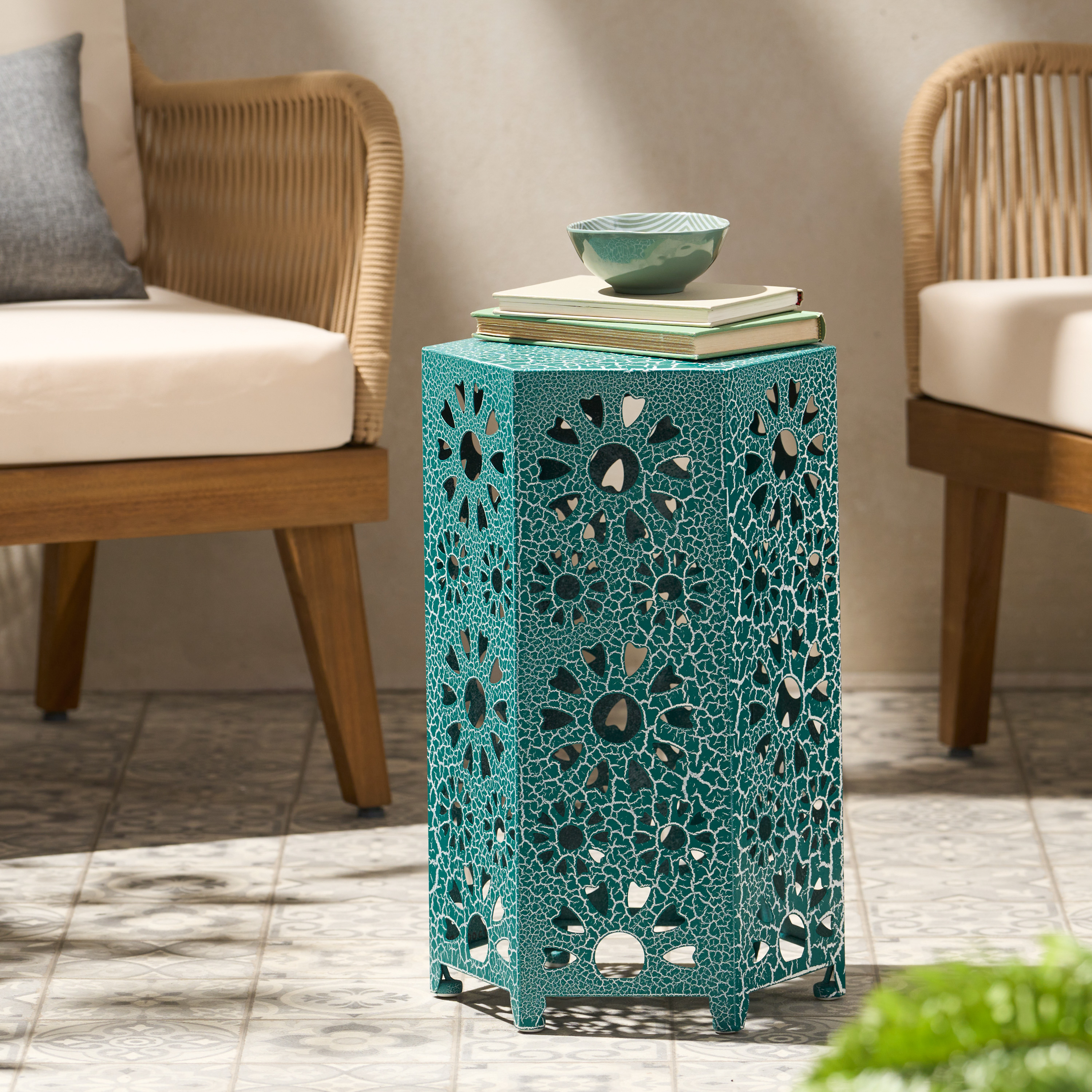 Outdoor Hollow Out Iron Side Table 12 Inch, Craft Accent Table for Patio Garden, Crackle Teal
