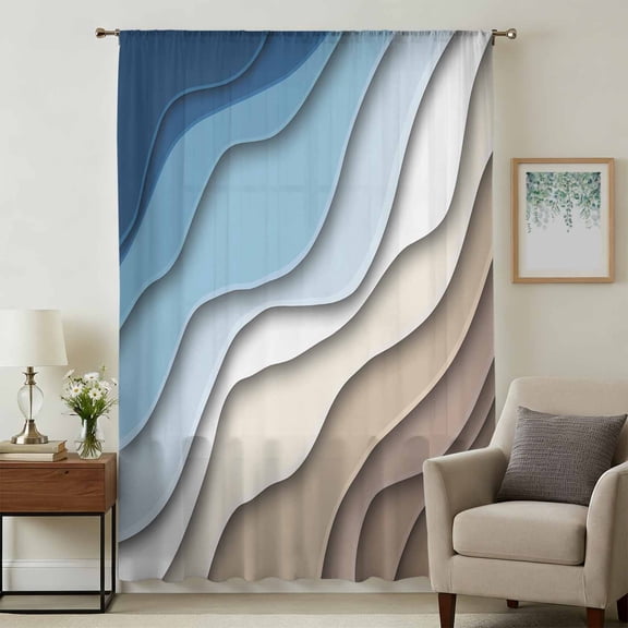 Navy Blue Brown Ombre Sheer Curtains 84 Inches Long, Modern Geometric Abstract Cream Light Filering Curtains, Breathable Simi Curtain Privacy Drapes for Living Room Bedroom Window Treatment