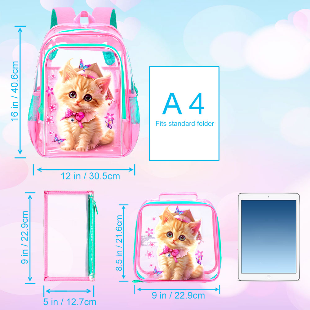 Mochila Transparente para Niña, Set de 3 Bookbags Claros, Bolso Escolar Transparente para Primaria y Preescolar - Doctor Gato Rosa 2