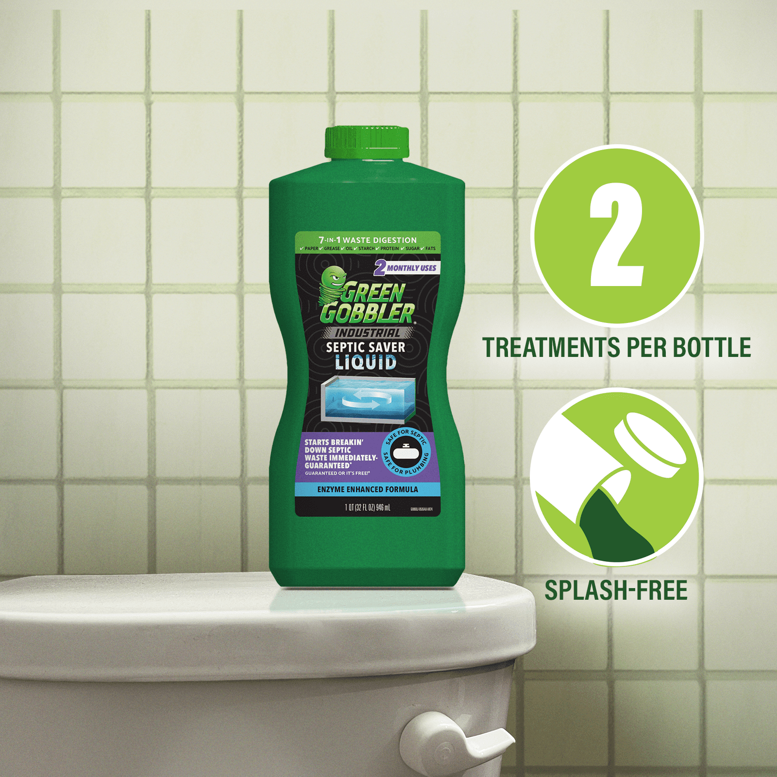 (2 pack) Green Gobbler Industrial Strength Septic Tank Treatment Liquid – 2 Month Supply, 32 fl oz, 1 Pack