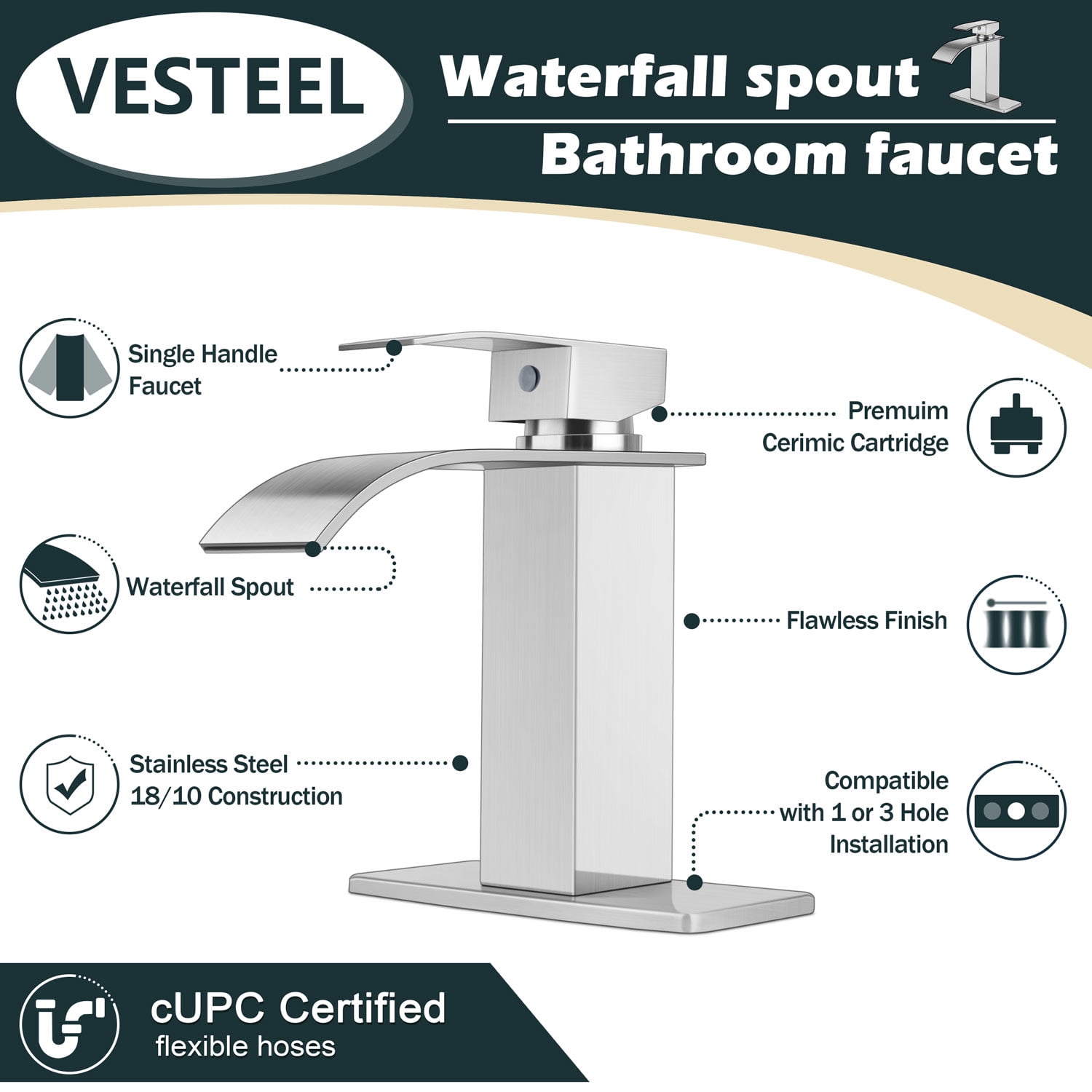 Vesteel Bathroom Faucet, 18/10 Stainless Steel Single Handle Waterfall Spout Bathroom Sink Faucet with Deck Plate and Pop Up Drain