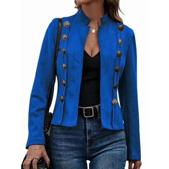 Chaqueta de Gamuza Sintética para Mujer, Informal, de Otoño, de Larga, Cuello Alto, con Abertura Frontal, Blazer Corto, Abrigo. Azul XXL