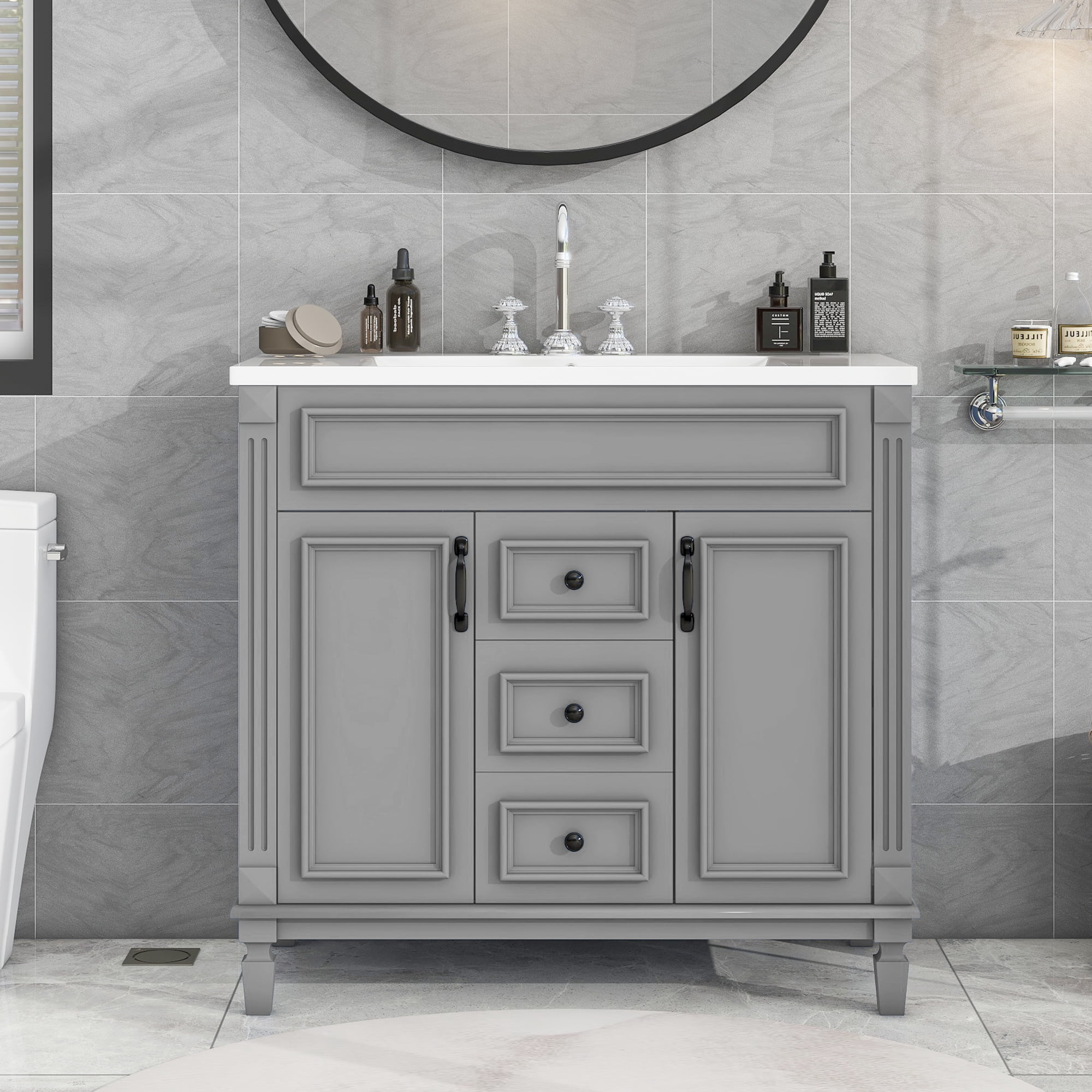 Euroco Modern Bathroom Vanity with Sink – 3-Hole Basin, Concealed Storage, Soft-Close Doors & Drawer – Freestanding Bathroom Cabinet with Water-Resistant Finish, Easy Assembly