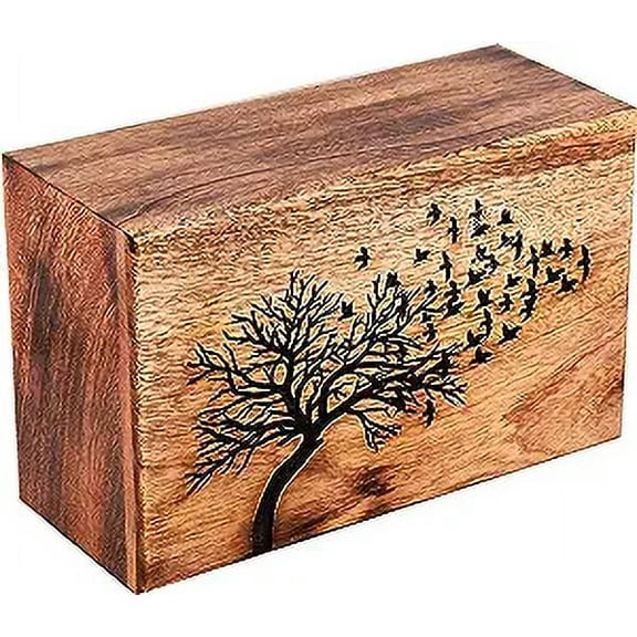 Wooden Box Funeral Cremation Urns for Human Ashes Adult Large - Burial Urns for Columbarium - Tree of Life Flying Bird (250 Cubic Inches, Blue)