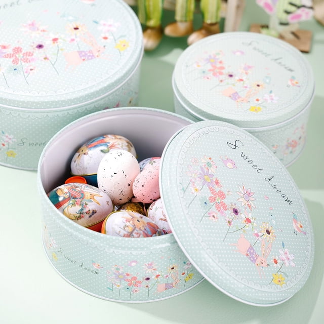 ERK Easter Decor 3pcs Easter Themed Metal Craft Candy Storage With Decorative Lid For Holiday And Organization