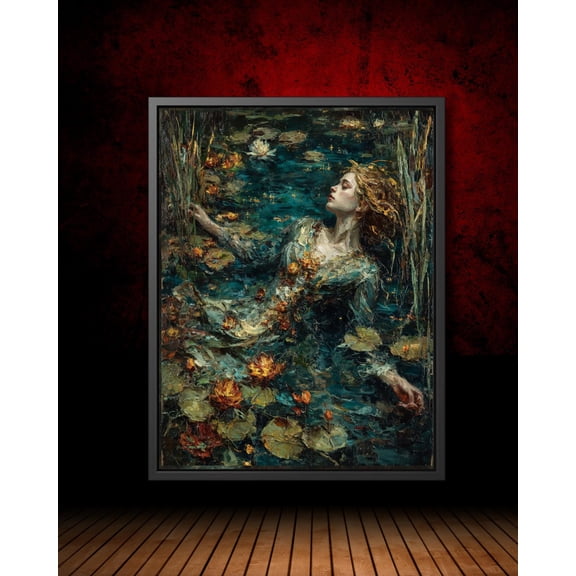 Ophelia In The Lake Art Poster, Gothic Romantic, Dark Academia Wall Decor Pre Raphaelite Tragic Muse Artwork, Moody Floral Scene, Unframed Poster Size 8x12