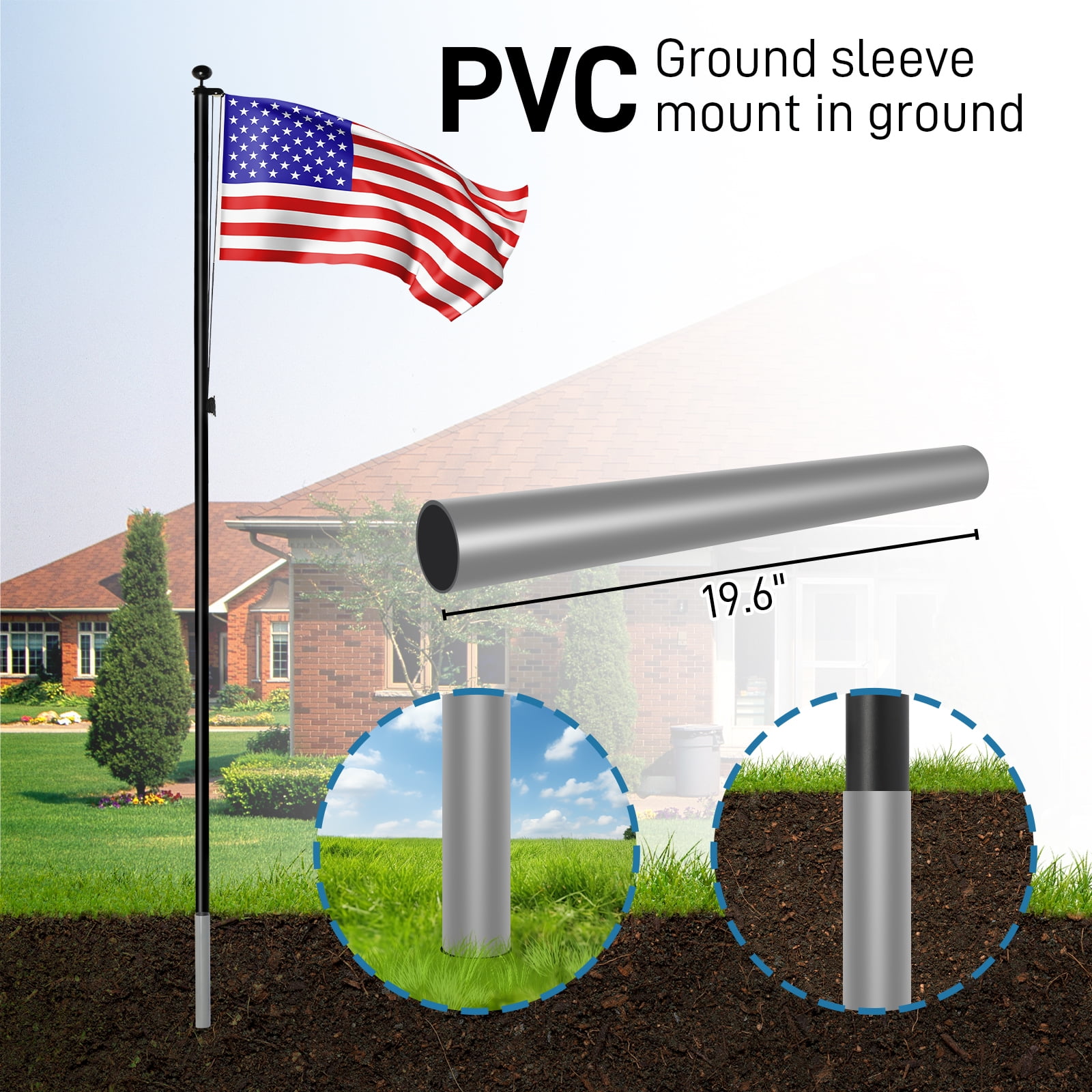 Ktaxon Flag Pole Kit with 20FT  Aluminum Extra Thick Flagpole, 5x3 US Flag, Heavy Duty Black Flag Poles for Yard