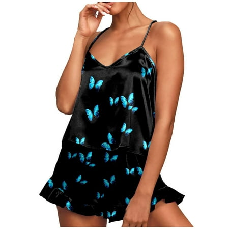 

DNDKILG Women s 2 Piece Pajama Set Lingerie Silk Cami Shorts Set Sleepwear Casual Nighty S