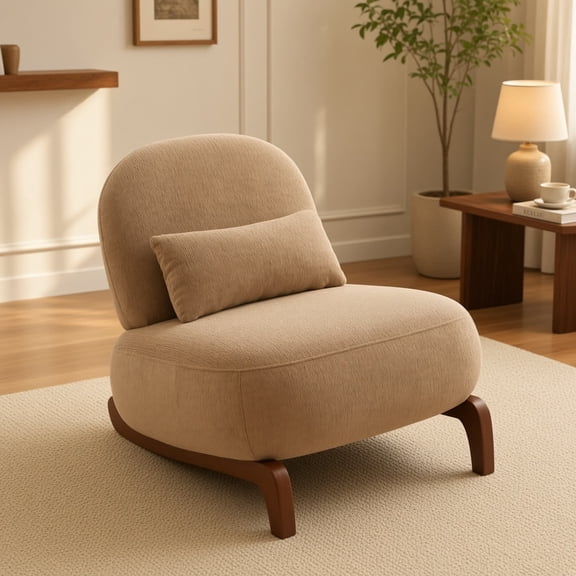 Armless Accent Chair with Solid Wood Legs and Soft Velvet Cushion, Cozy Reading Chair for Living Room Bedroom Apartment Balcony, Camel