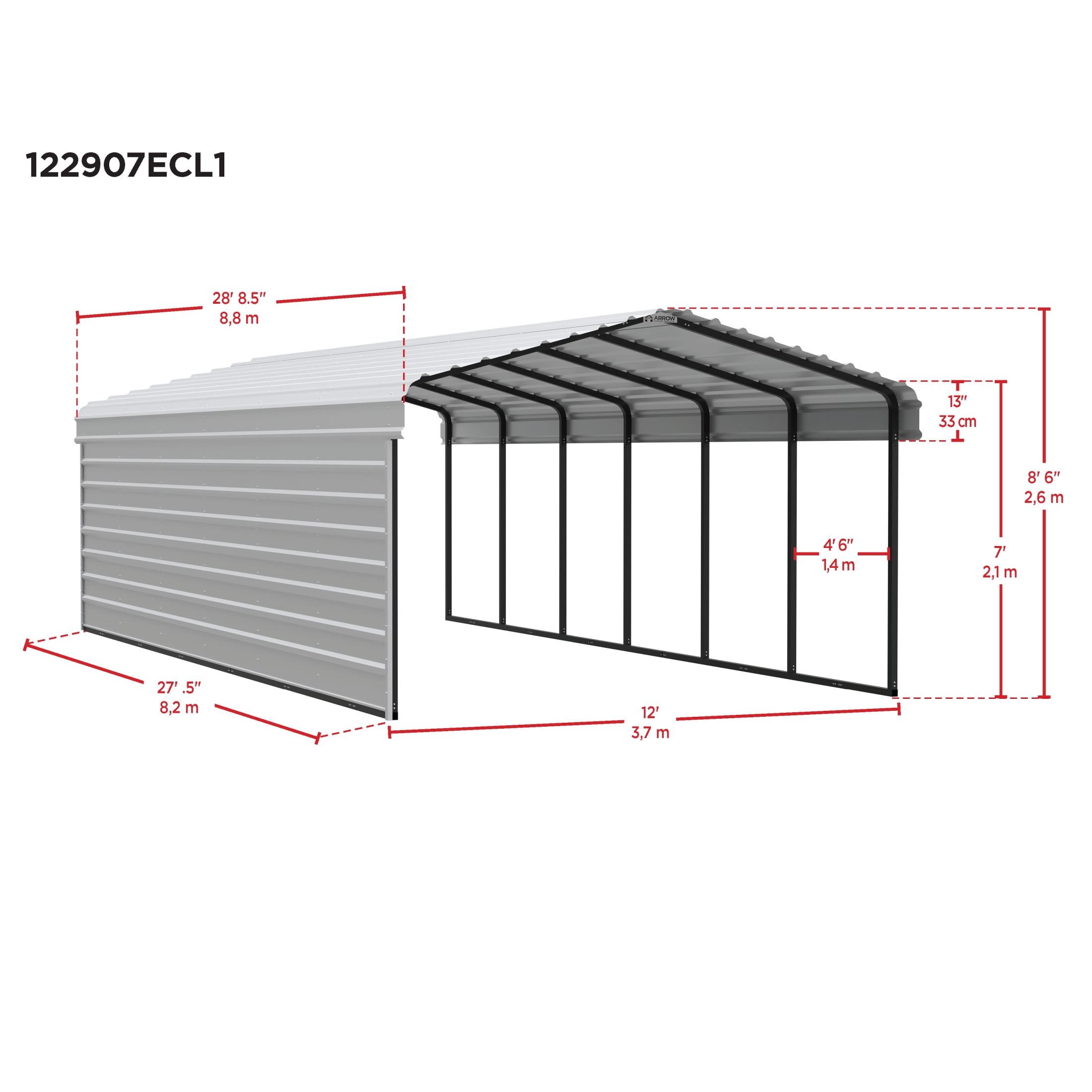 Arrow 12 x 29 x 7 ft Charcoal Carport With 1 Side Wall Kit
